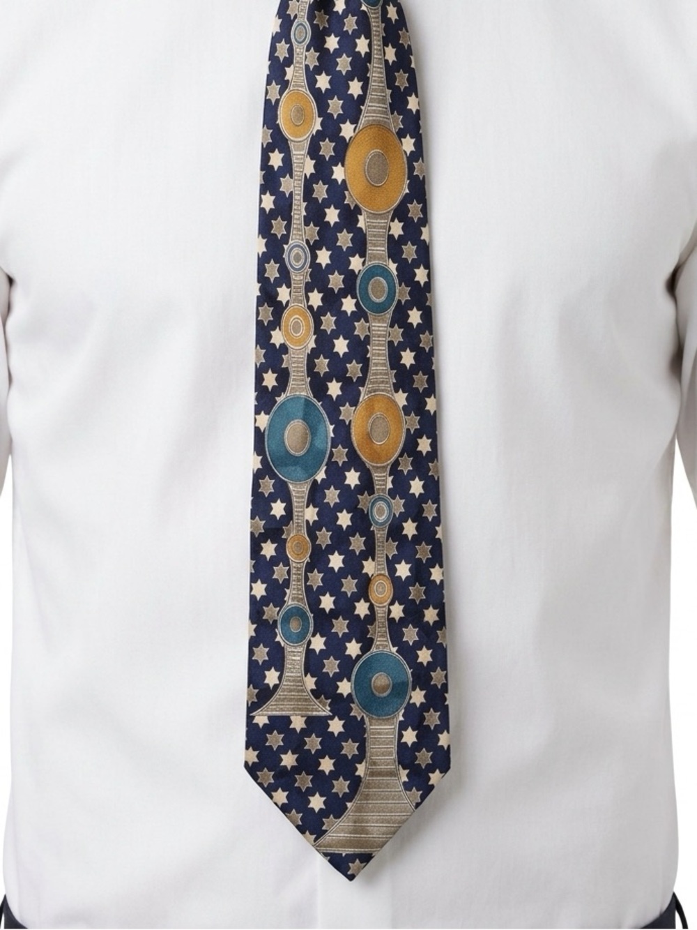 Vitaliano Luiselli Tie Hand Made Italy Medallion Star Silk Navy Gold OS